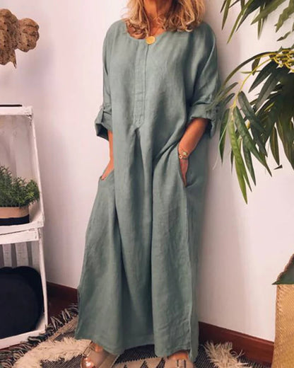 Long Sleeve Solid Color Plus Size Loose Fit Maxi Dress Round Neck Button Up Dresses with Pocket