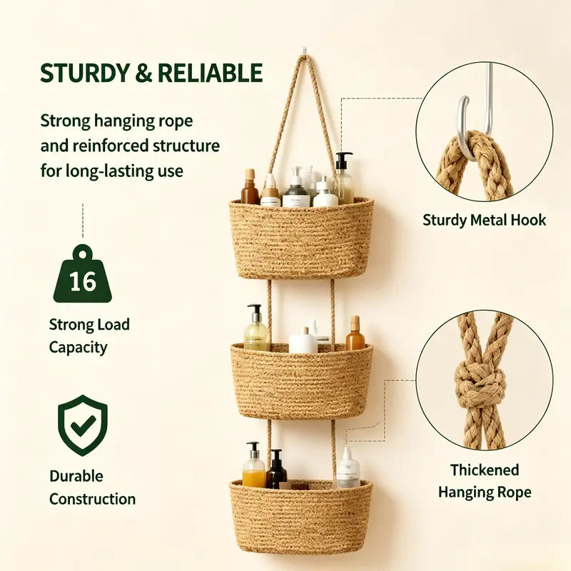Over the Door Woven Hanging Storage Baskets – Easy-Reach 3-Tier Wall Mounted Cotton Organizer for Decluttering Any Room