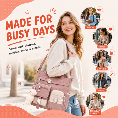 Canvas Multi-Pocket Crossbody Tote Bag | Cute & Lightweight School, Work & Travel Bag 🎒✨