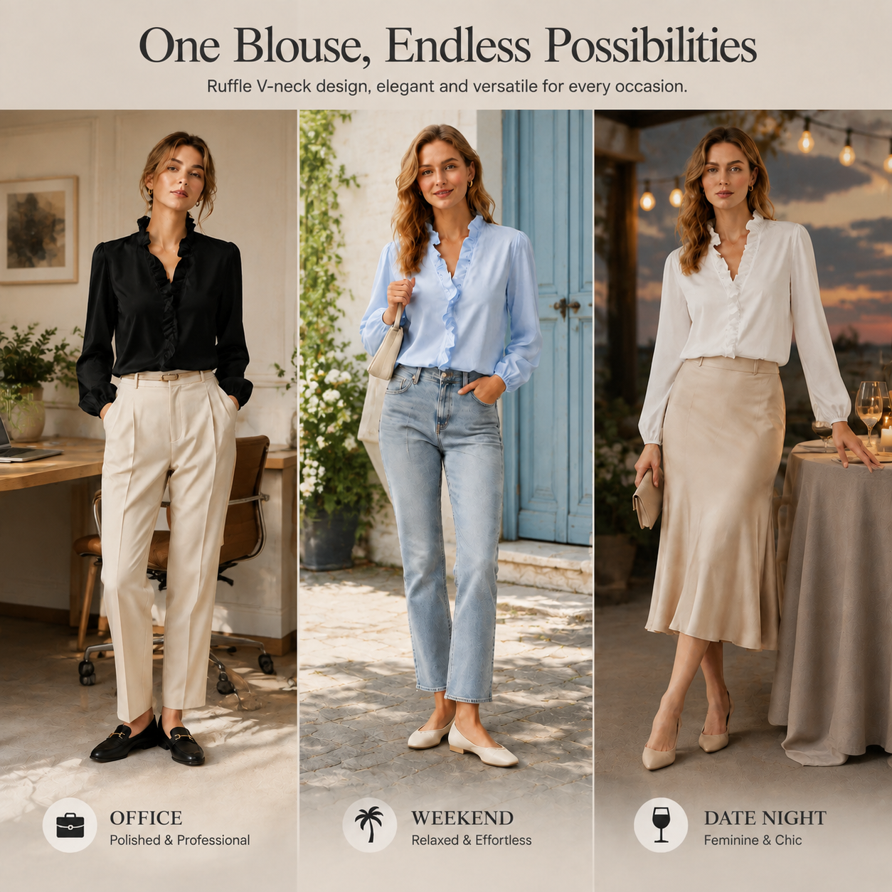 Women’s Ruffled V-Neck Puff Sleeve Blouse – Elegant Everyday Top