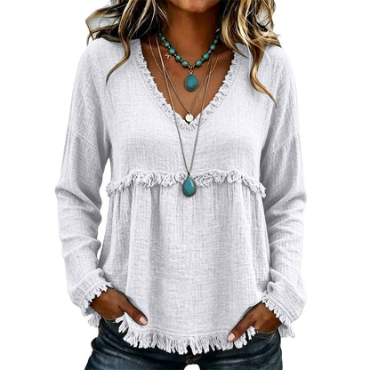 Bohemian Charm Fringe V-Neck Pullover — Effortless Elegance