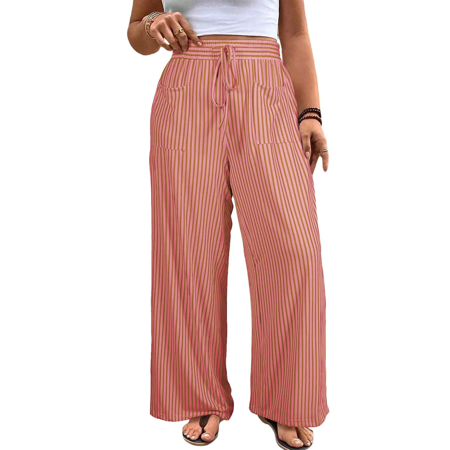 Women’s Plus Size High-Waisted Stretchy Striped Wide-Leg Casual Pants