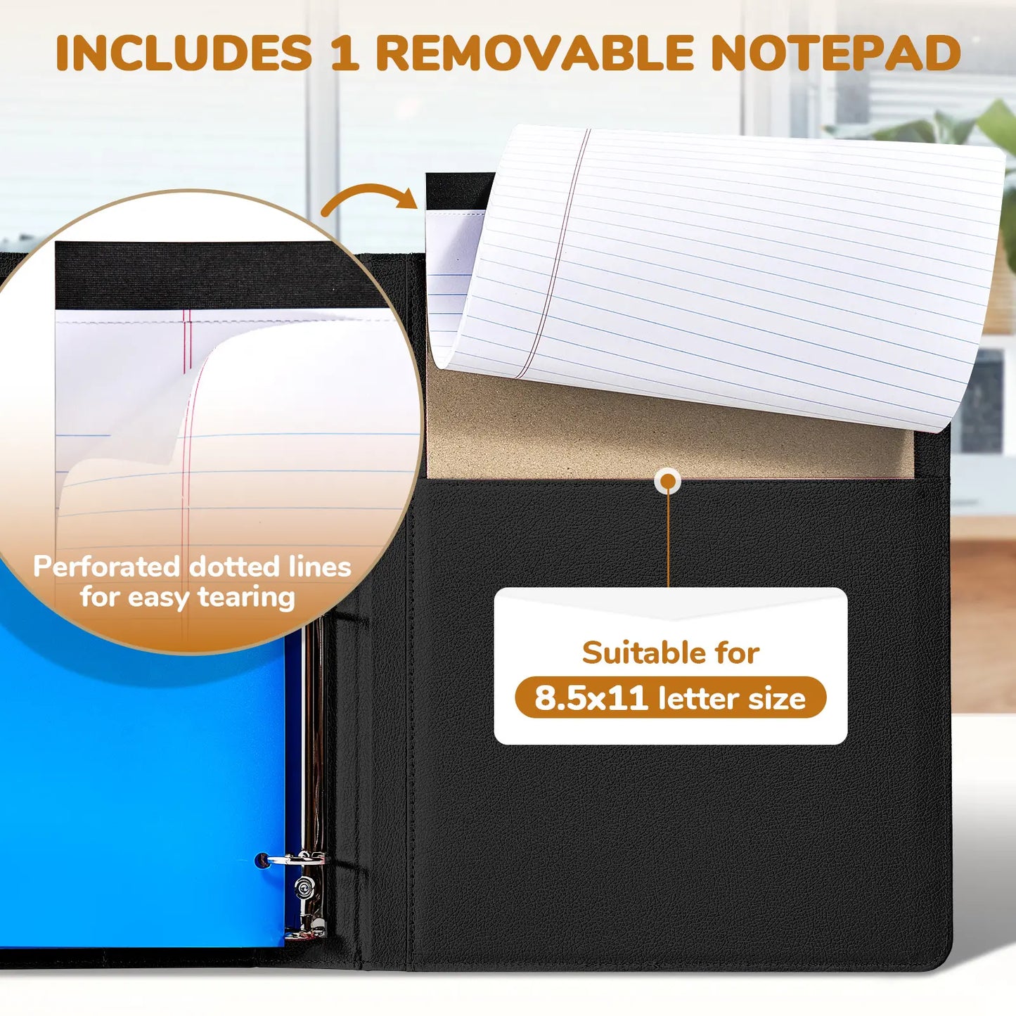 PU Leather 3-Ring Binder Clipboard with Storage & Magnetic Clip (12.4"x10.2")