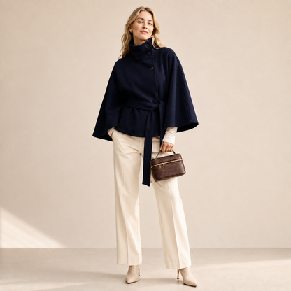 Women's Belted Cape Coat – Oversized Cropped Poncho Jacket