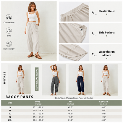 Women’s High-Waist Smocked Harem Pants – Lightweight Relaxed Fit with Pockets