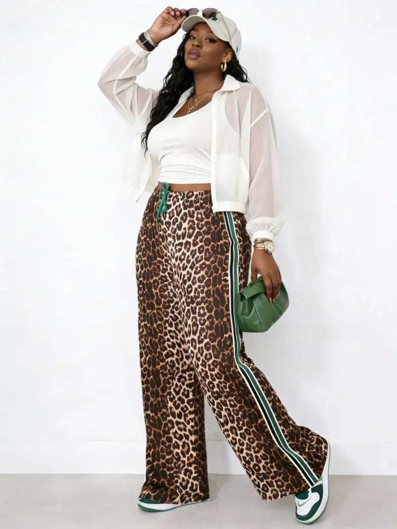 💃Women's Leopard Print Side Stripe Wide Leg Stretchy Casual Pants💃