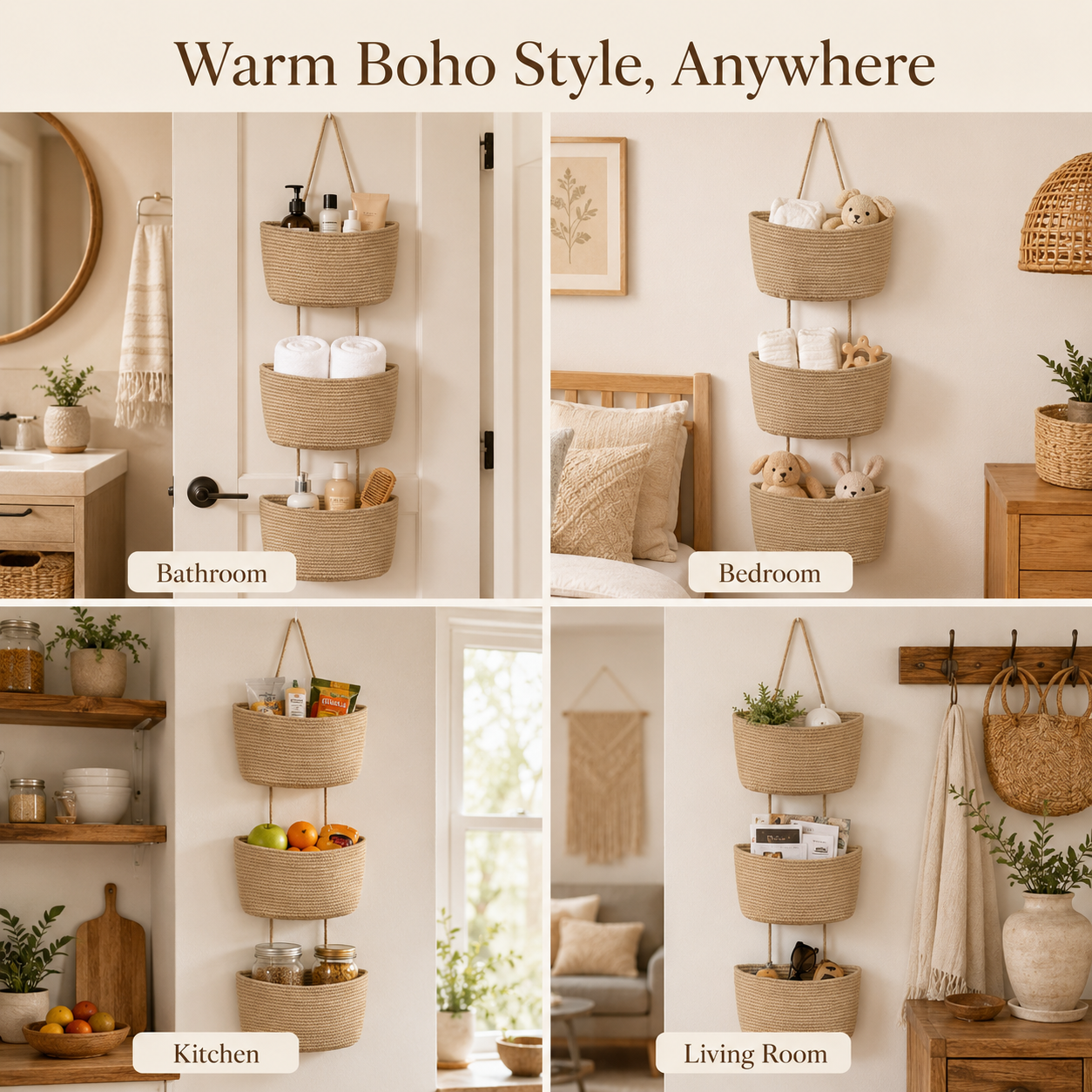 Over the Door Woven Hanging Storage Baskets – Easy-Reach 3-Tier Wall Mounted Cotton Organizer for Decluttering Any Room