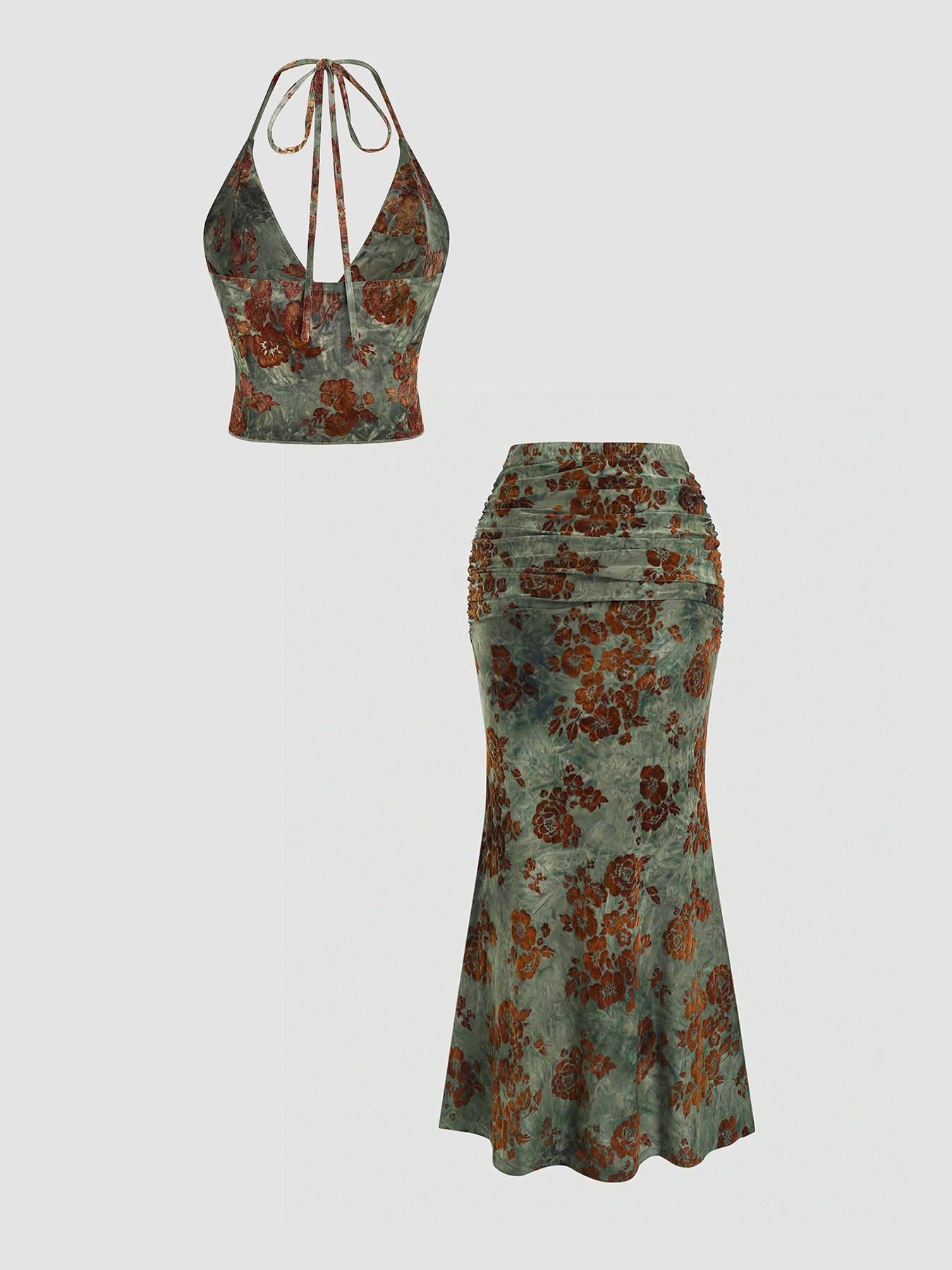 Women's Floral Deep V Neck Crop Top & Fish Tail Skirt Set, All-Over Print Design