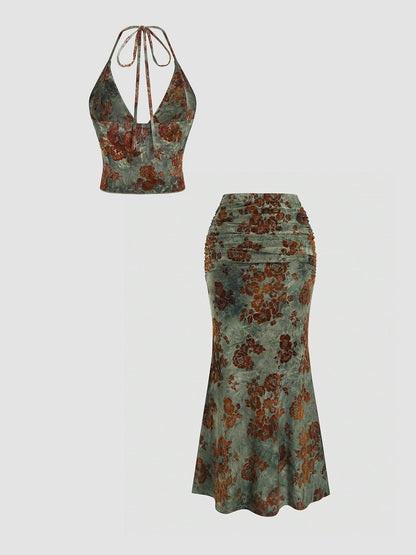 Women's Floral Deep V Neck Crop Top & Fish Tail Skirt Set, All-Over Print Design