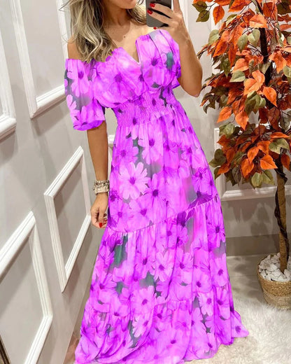 Floral Printing Elastic Waist-Length Sleeve Dress