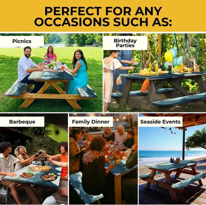 🏕️ Stretch Tablecloth Set with Bench Covers & Bag – Waterproof Polyester, Fitted Elastic, Machine Washable for Outdoor Patio – Available in 30"x48", 30"x72", 30"x96" 🧺✨
