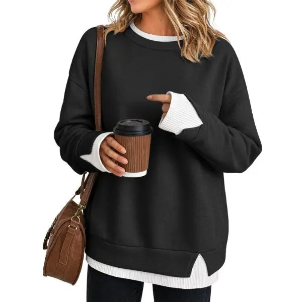 Effortless Casual Style: Women's Relaxed Layered Crewneck Sweatshirt Everyday Top