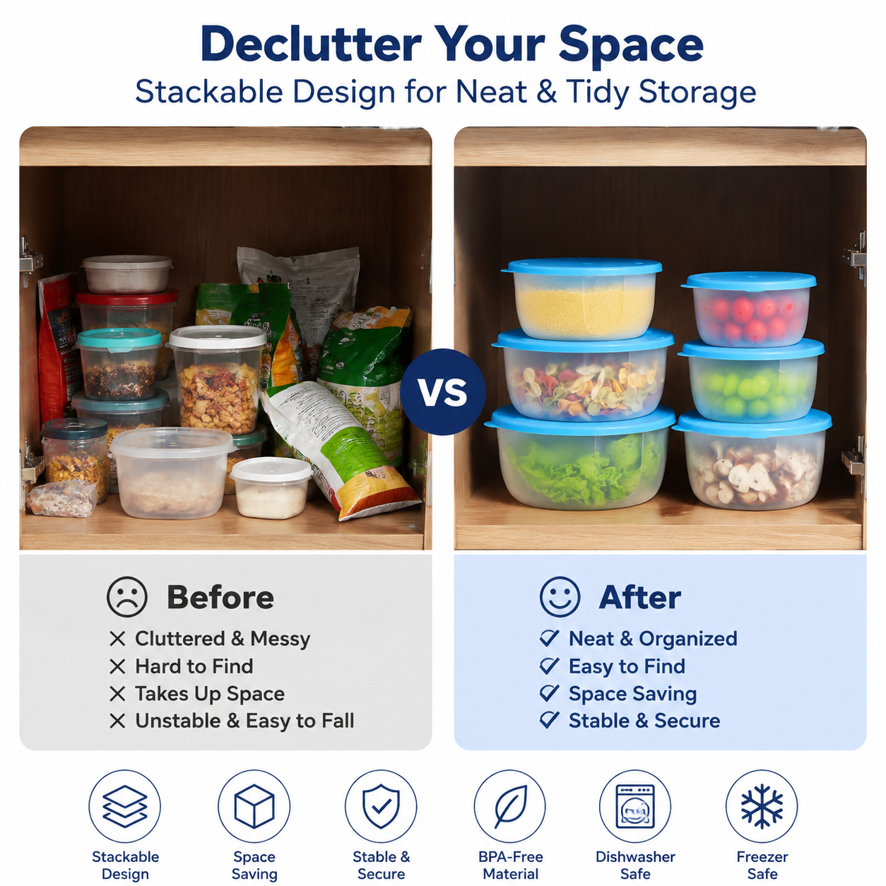 4-Piece Food Storage Containers with Lids – Multi-Size Stackable Kitchen Storage Bowls