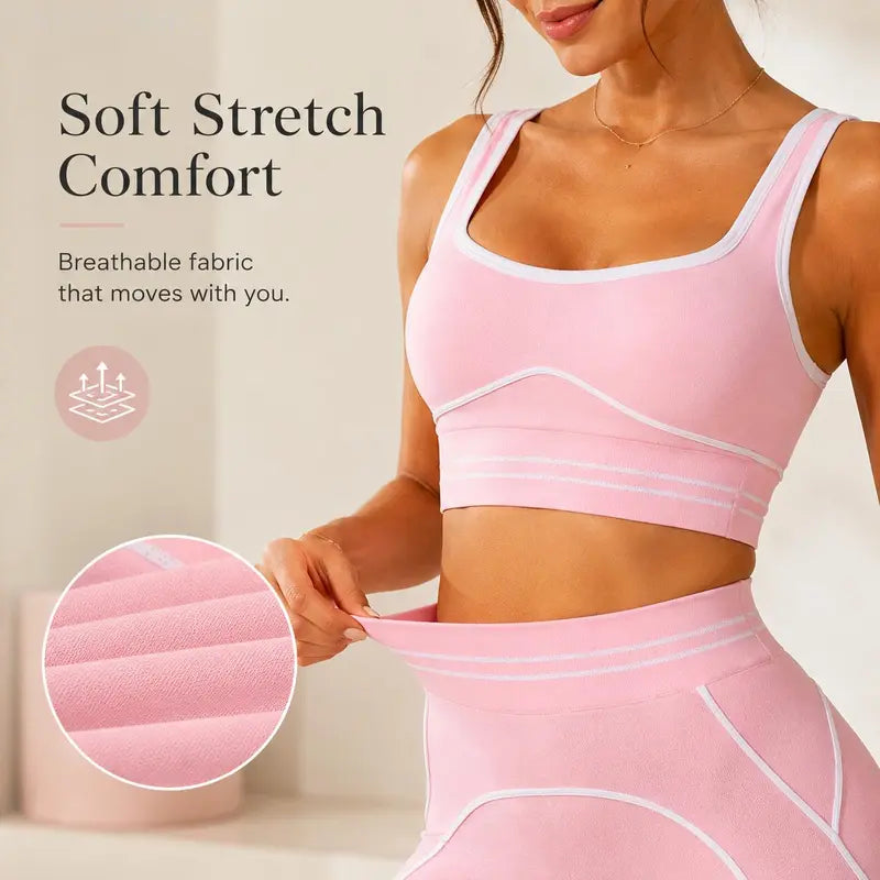 Premium Tummy-Control Contrast Stripe Gym Yoga Set (2-Piece)