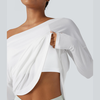 One-shoulder long-sleeved yoga top with integrated bra