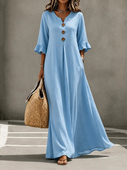 Women's Boho V-Neck Dress with Wooden Buttons, Ruffle Sleeves & Loose A-Line Fit