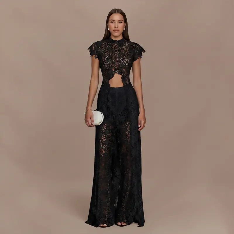 Lace Cutout Round-Neck Split Dress Set