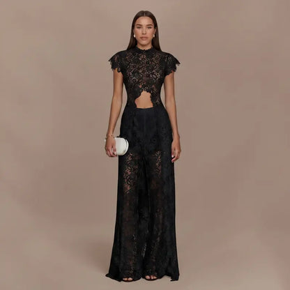 Lace Cutout Round-Neck Split Dress Set