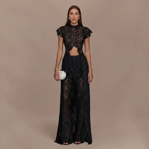 Lace Cutout Round-Neck Split Dress Set