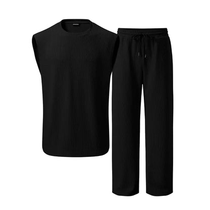 Mens 2 Piece Rib Knit Sweatsuit Tank Top Baggy Wide Leg Pants Set Vacation Beach Outfit for Men