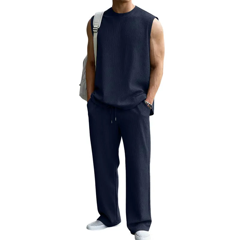 Mens 2 Piece Rib Knit Sweatsuit Tank Top Baggy Wide Leg Pants Set Vacation Beach Outfit for Men