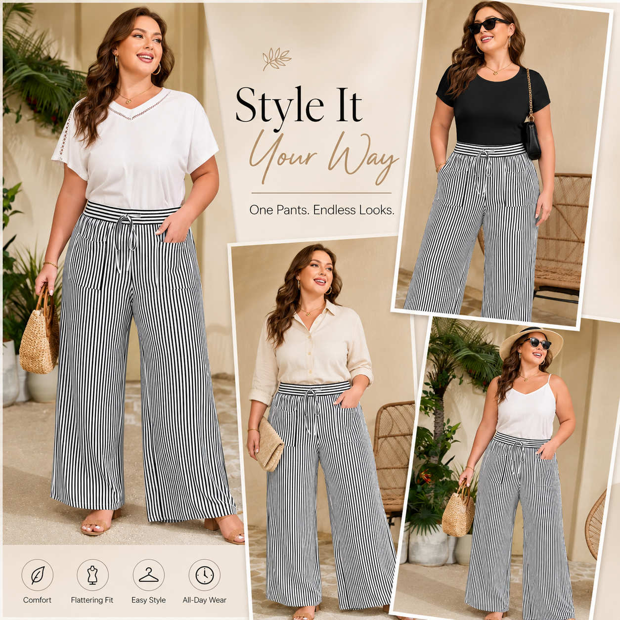 Ultra-Comfort High-Waisted Striped Wide Leg Pants with Deep Pockets