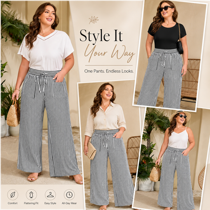 Ultra-Comfort High-Waisted Striped Wide Leg Pants with Deep Pockets