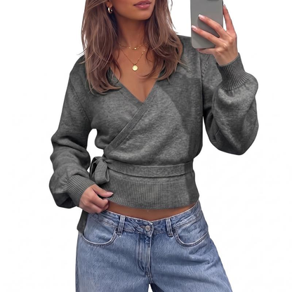 💃Women’s V-Neck Wrap Knit Sweater with Tie Waist & Lantern Sleeves💃