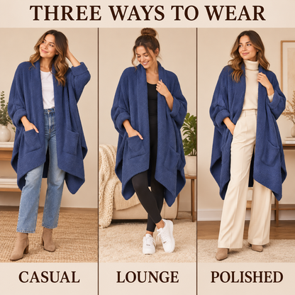 Women's Faux Sherpa Wearable Cape Blanket — One Size, Solid Color Double-Layer Design