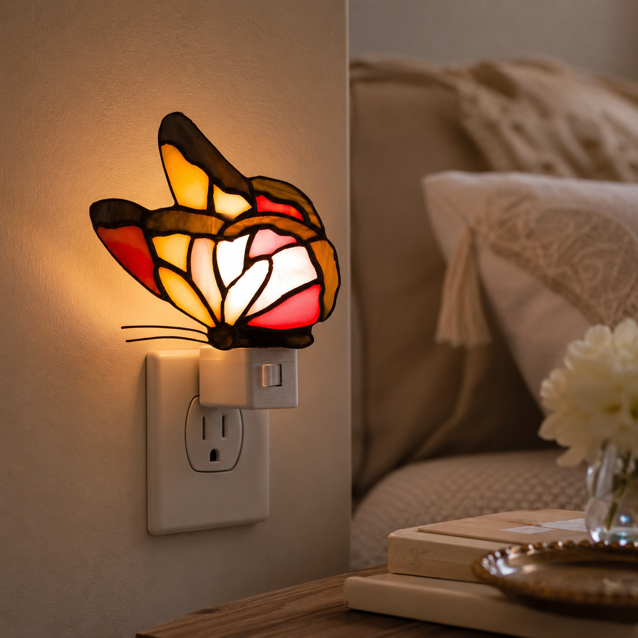 Vintage Orange Butterfly Stained Glass Accent Lamp