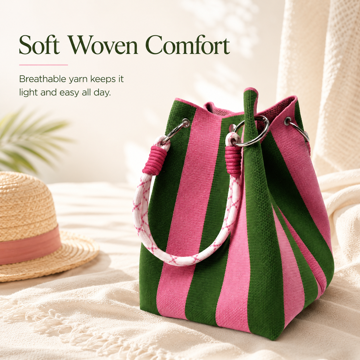 Boho Woven Bucket Bag – Lightweight Crochet Shoulder Bag