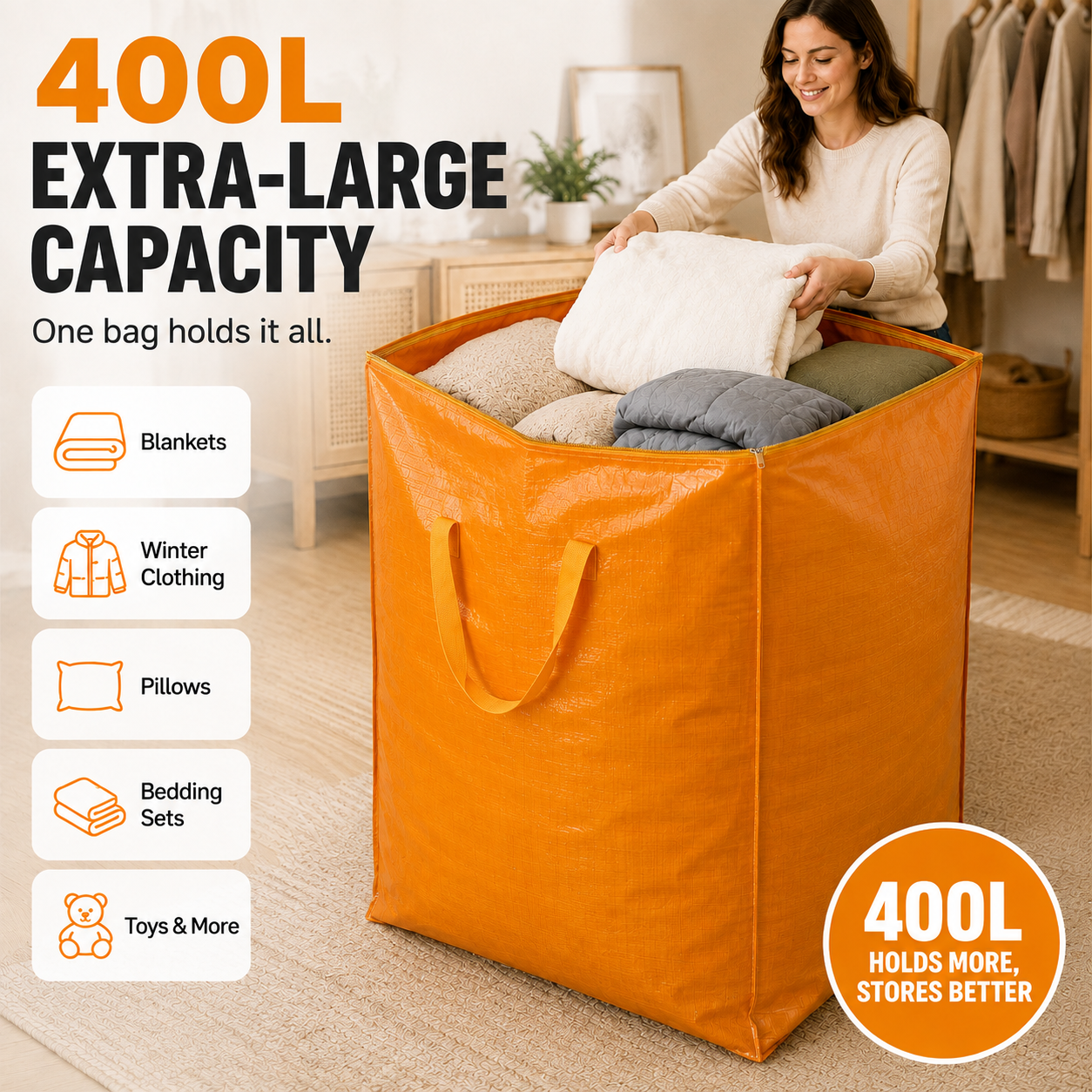 📦400L extra-large capacity clothing storage bag with handles and zippers📦