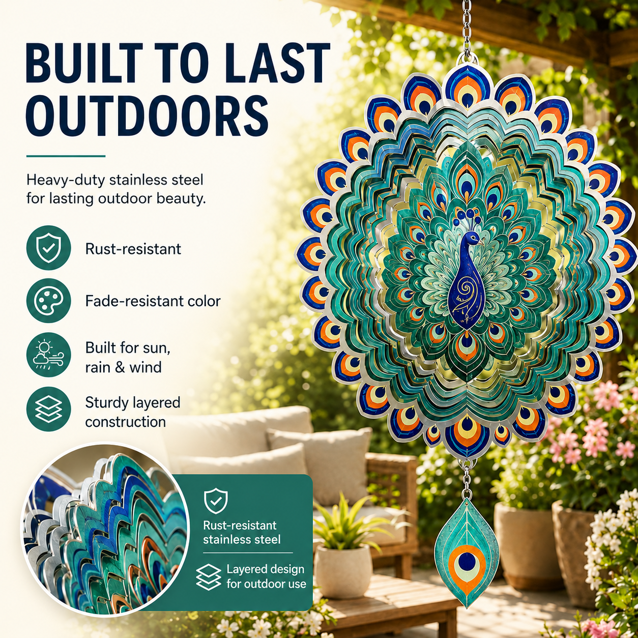 Peacock MANDALA Art Wind Spinner. Spinning Decoration. Metal Wind Spinner.
