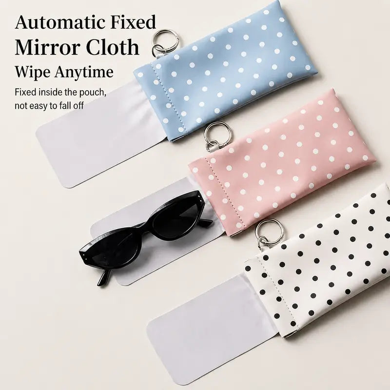 Soft PU Leather Sunglasses Pouch With Built-in Cleaning Cloth And Keychain