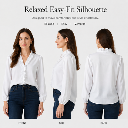 Women’s Ruffled V-Neck Puff Sleeve Blouse – Elegant Everyday Top