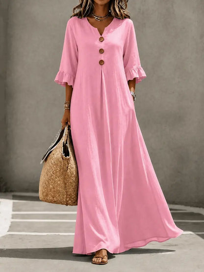 Women's Boho V-Neck Dress with Wooden Buttons, Ruffle Sleeves & Loose A-Line Fit