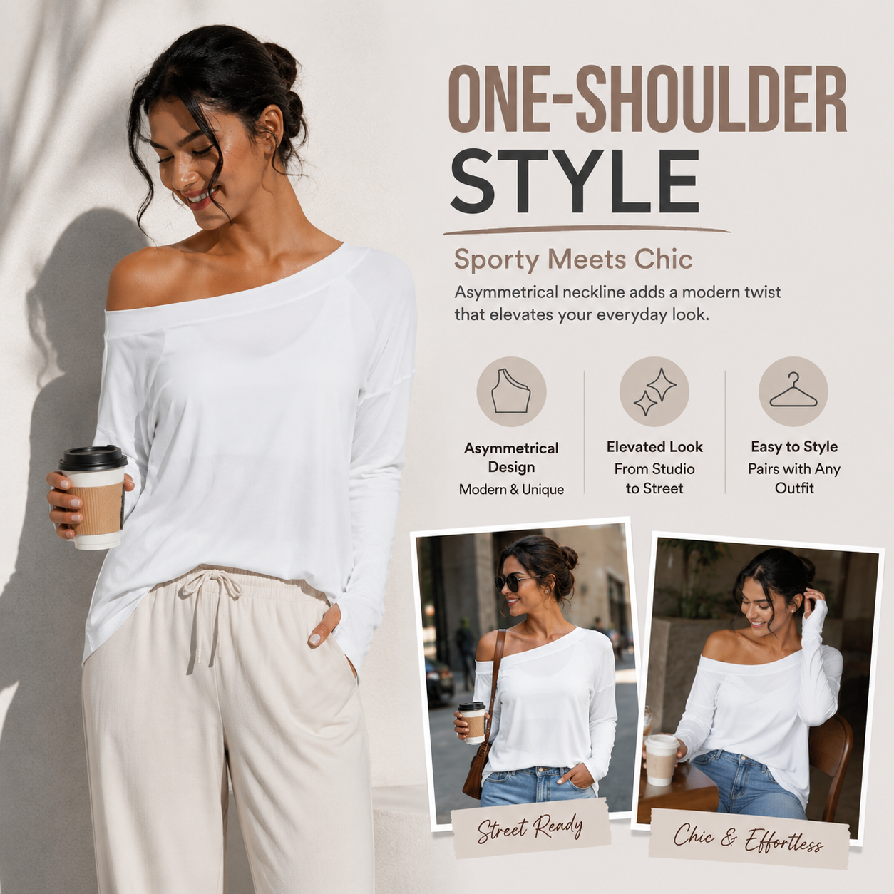 One-shoulder long-sleeved yoga top with integrated bra