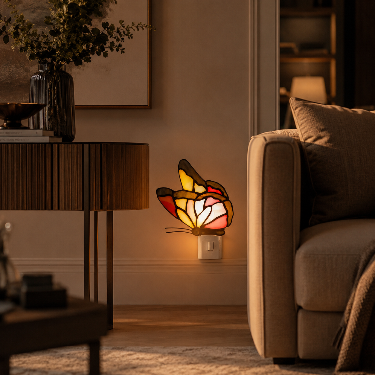 Vintage Orange Butterfly Stained Glass Accent Lamp