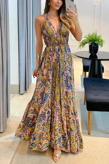 Casual V-neck Open Back Printed Dress