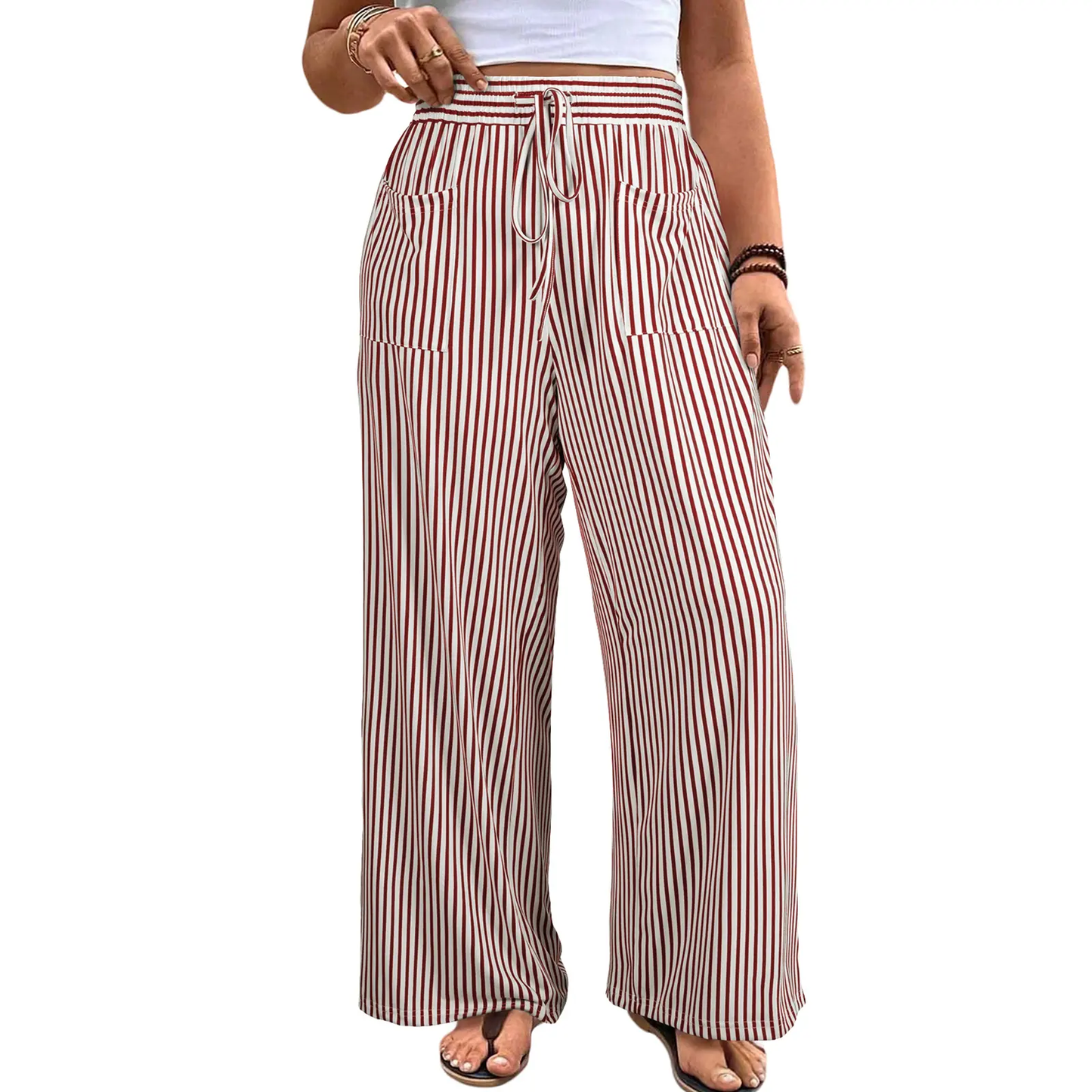 Women’s Plus Size High-Waisted Stretchy Striped Wide-Leg Casual Pants