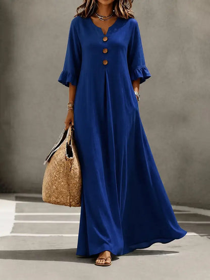 Women's Boho V-Neck Dress with Wooden Buttons, Ruffle Sleeves & Loose A-Line Fit