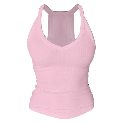 V Neck Cotton Tank Tops with Built-in Shelf Bra Sleeveless Racerback Fitted Basic Cami Shirts