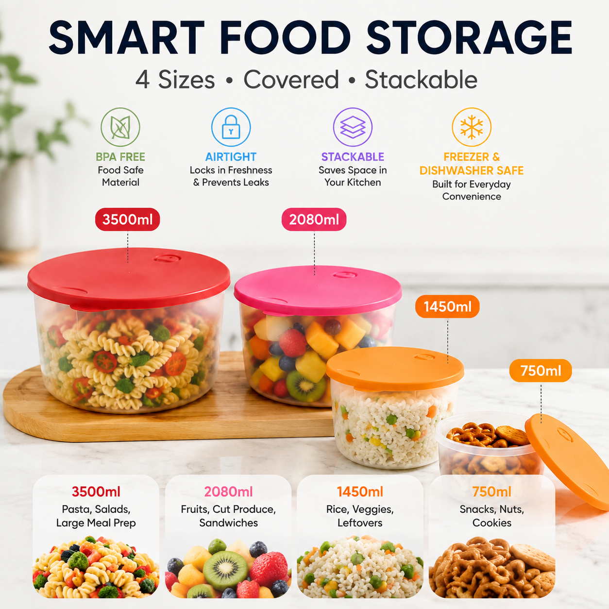 4-Piece Food Storage Containers with Lids – Multi-Size Stackable Kitchen Storage Bowls