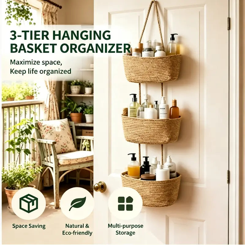 Over the Door Woven Hanging Storage Baskets – Easy-Reach 3-Tier Wall Mounted Cotton Organizer for Decluttering Any Room