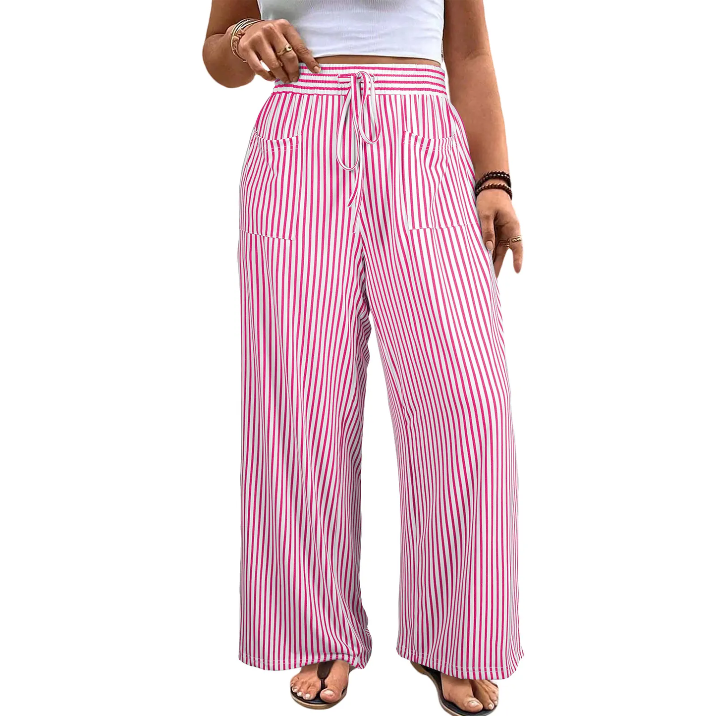 Women’s Plus Size High-Waisted Stretchy Striped Wide-Leg Casual Pants