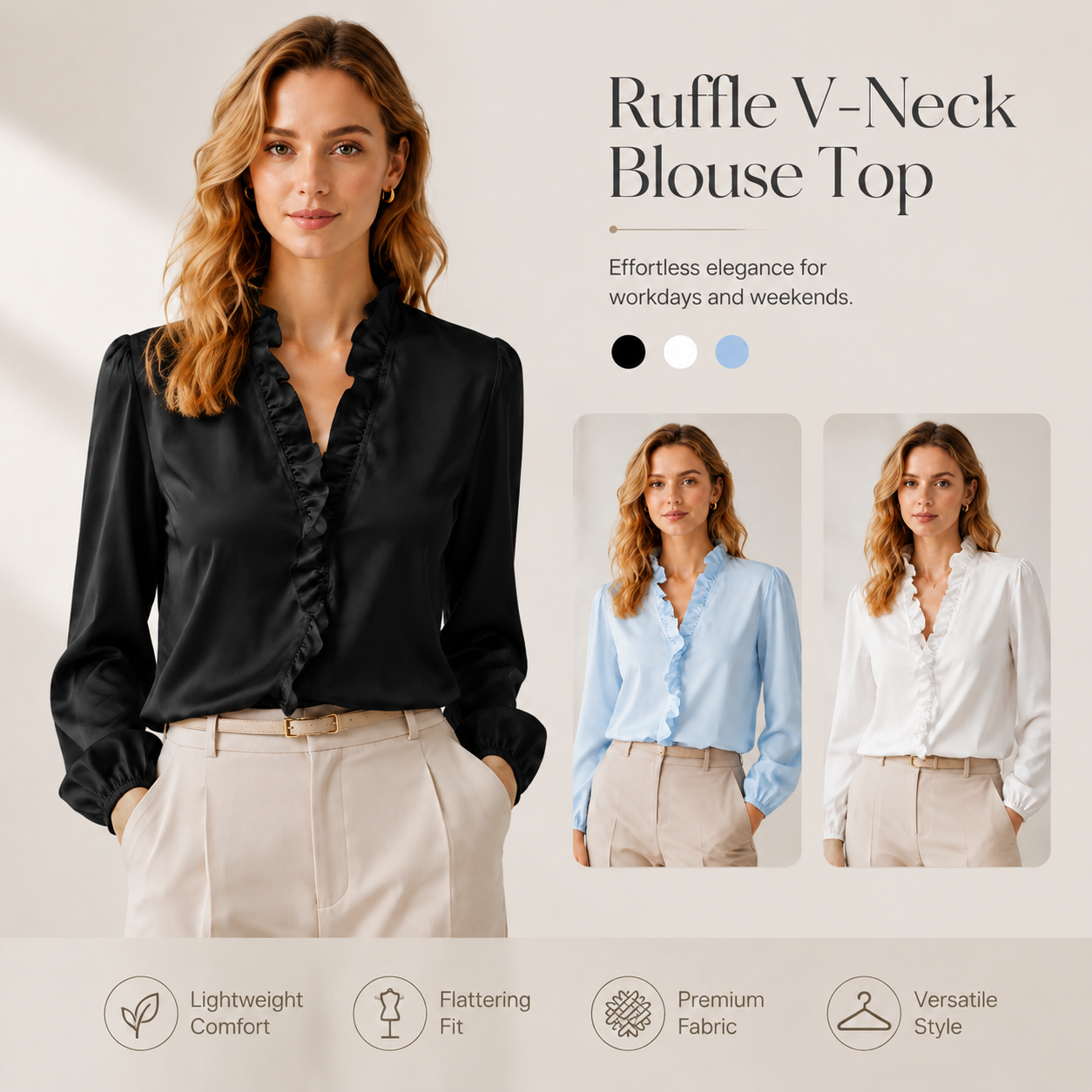Women’s Ruffled V-Neck Puff Sleeve Blouse – Elegant Everyday Top