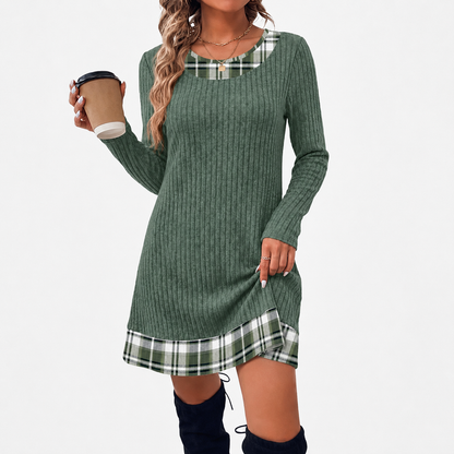 Contrast Plaid Trim Ribbed Knit Sweater Dress | Casual Long Sleeve Fall Mini Dress