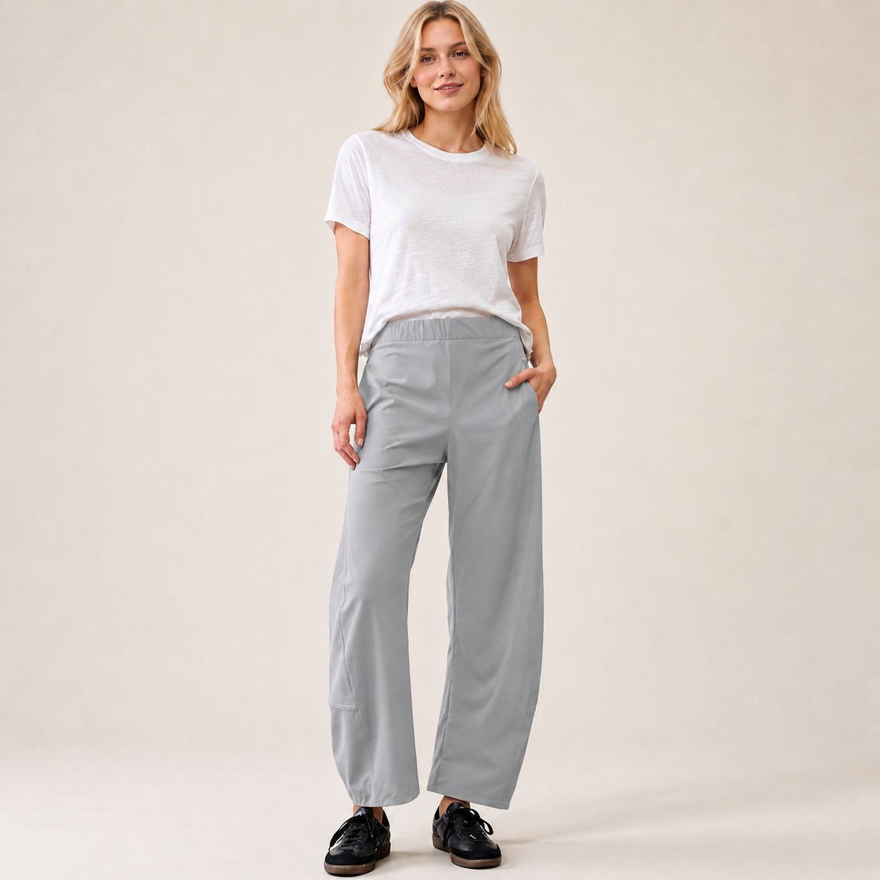 Women's Mid Rise Barrel Leg Pants, Elastic Waist Baggy Casual Trousers with Pockets
