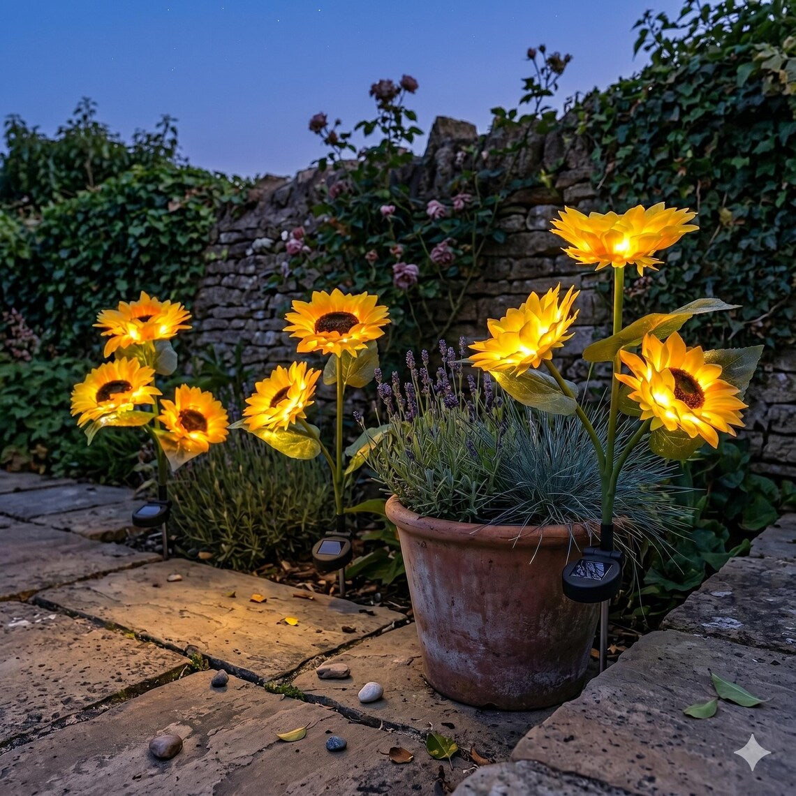Enchanted Garden 30” Solar Sunflowers - Dual-Mode Light-Up Fiber Optic Yard Stakes
