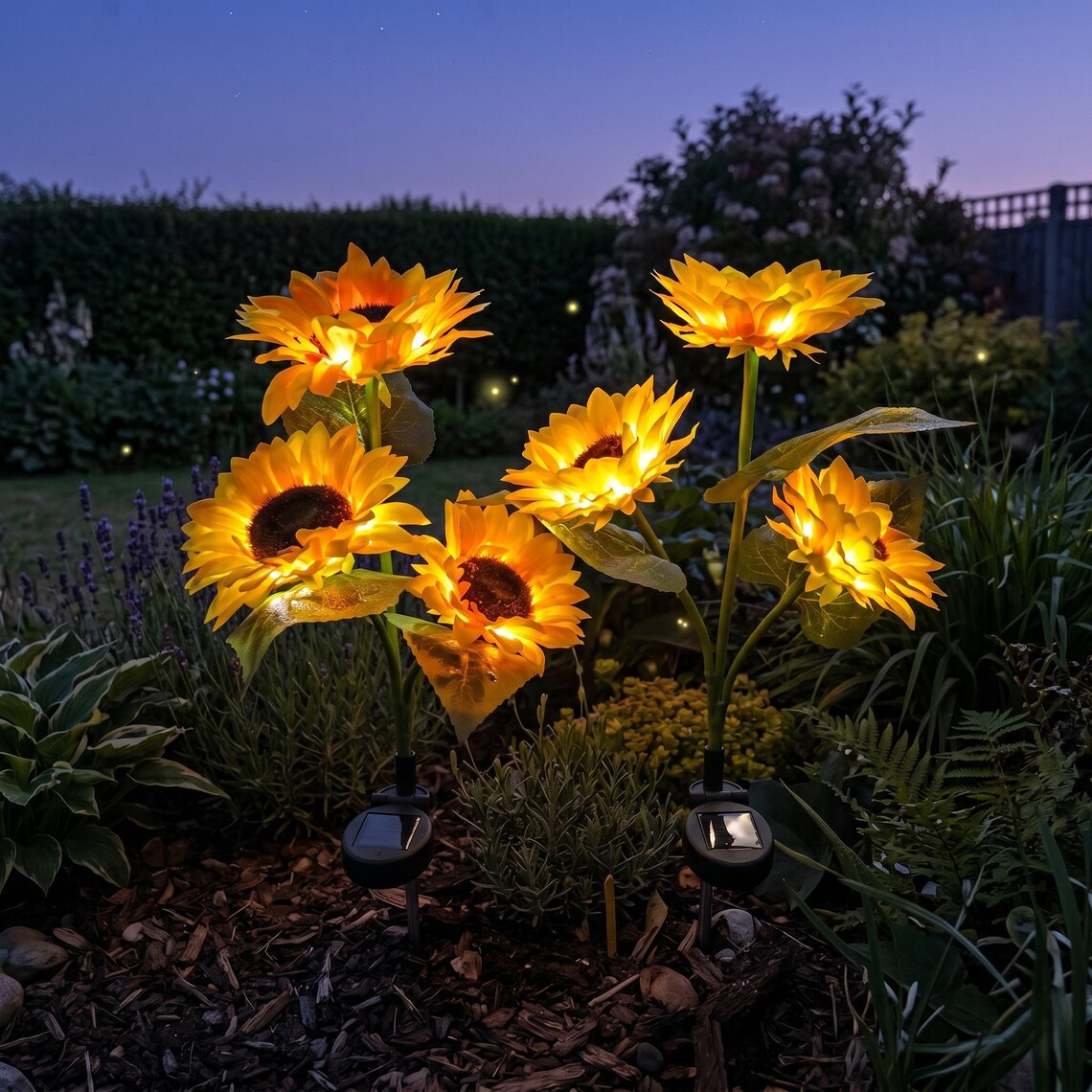 Enchanted Garden 30” Solar Sunflowers - Dual-Mode Light-Up Fiber Optic Yard Stakes
